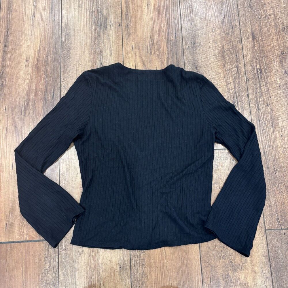 Reformation The Gellar Black Ribbed Button Front Bell Sleeve Crop Top Womens L - Picture 8 of 8